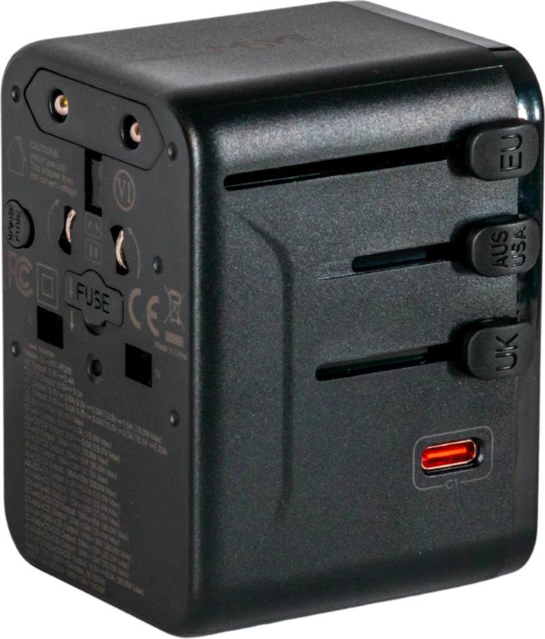 Adapter universal udhëtimi Moye Nomad Go GaN 35W PD, 3x USB-C + 2x USB-A, EU/UK/US/AU, i zi