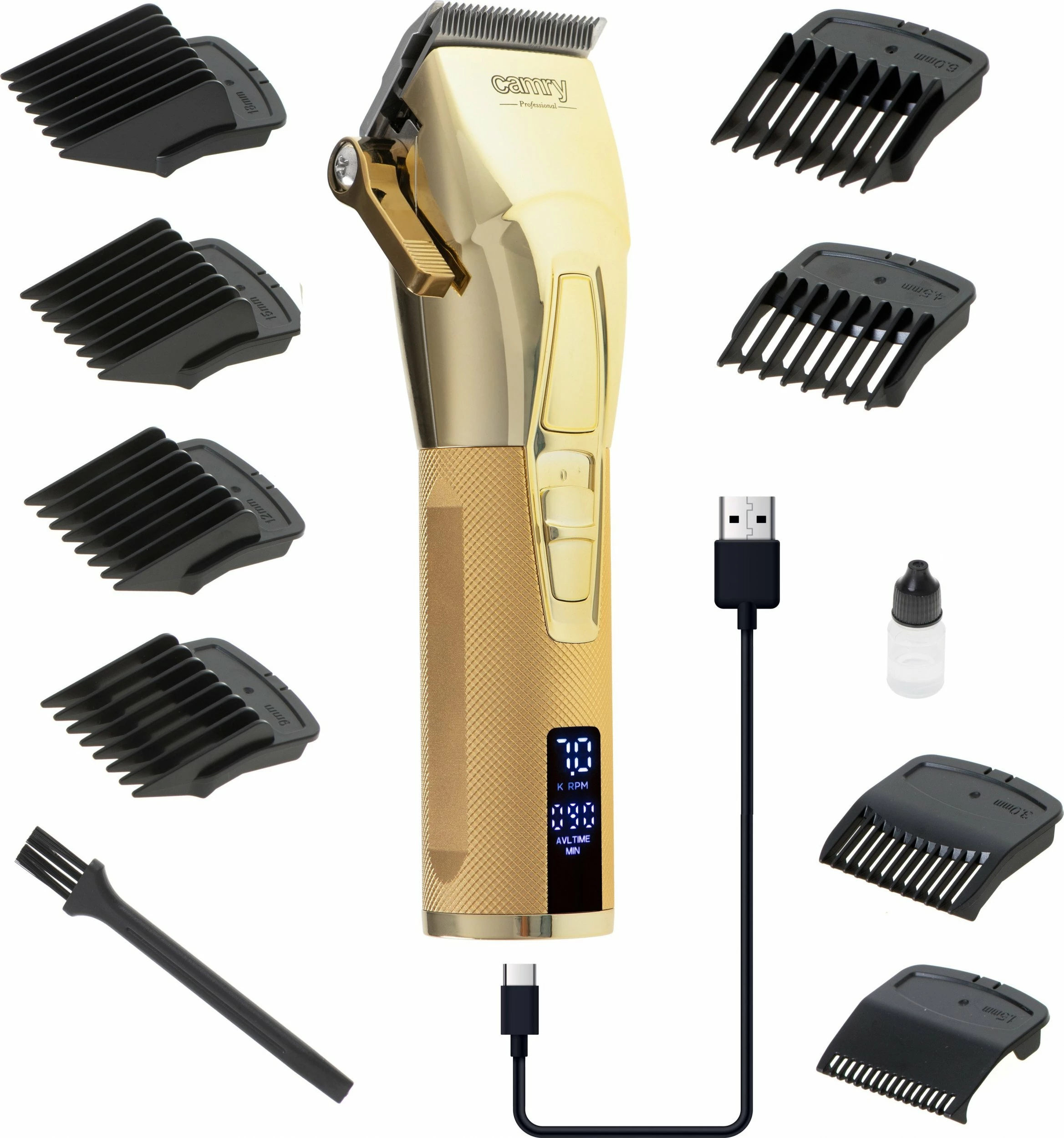 Makinë qethje Camry CR 2835G, 8 nivele 1.5-18 mm, teh qeramik & kokë titaniumi, bateri, USB-C, gold