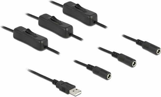 Kabllo furnizimi USB-A DeLOCK në 3x DC 5.5x2.1mm me switch, 1m, e zezë