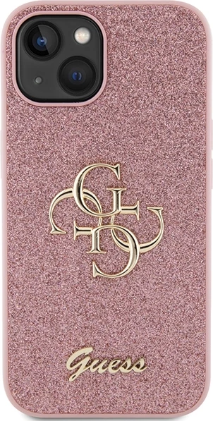 Mbështjellës Guess Glitter Script Big 4G për iPhone 15, Rozë