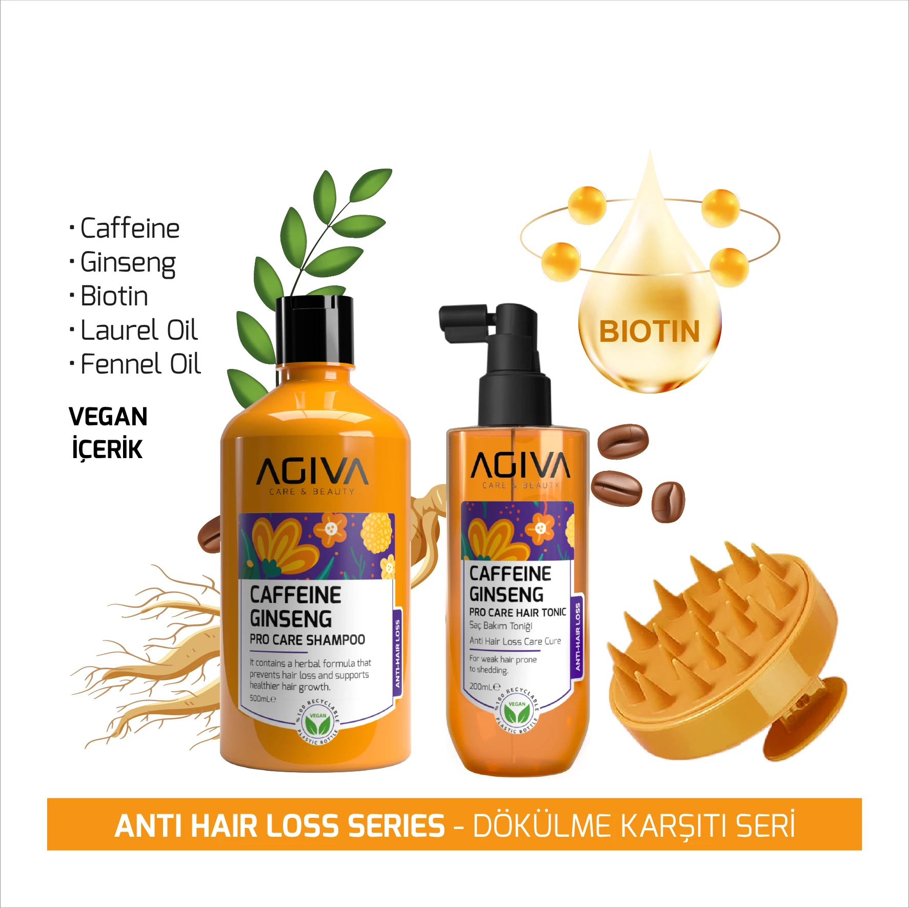 Set 3 pjesësh Pro Care Agiva Caffeine Ginseng (Shampon 500 ml+Tonik 200 mll+ Krehër)