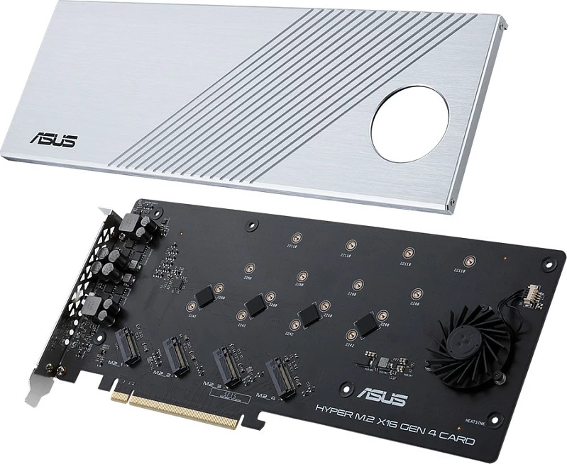 Kartë zgjerimi ASUS Hyper M.2 X16 Gen 4, PCIe 4.0, 4x M.2, ftohje aktive, ngjyrë argjendtë