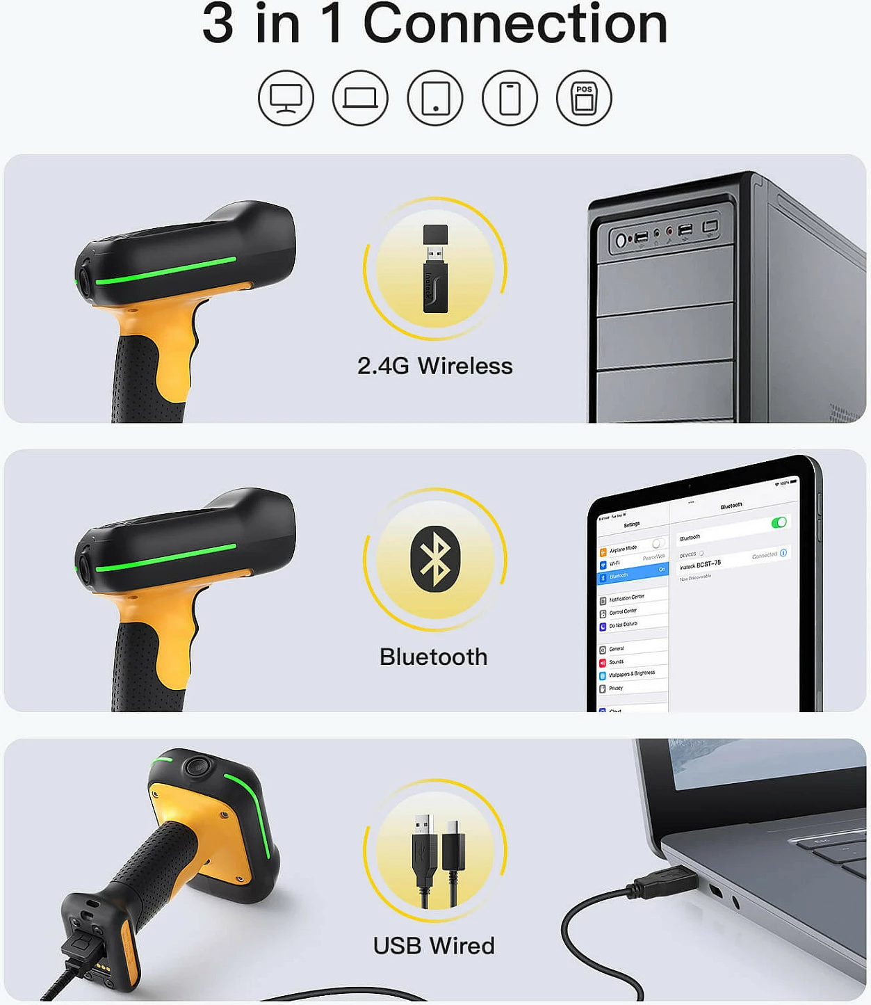 Skaner barkodi Inateck BCST-75, 2D/QR, Bluetooth/USB/2.4G, IP67, 2600mAh, zi/verdhë