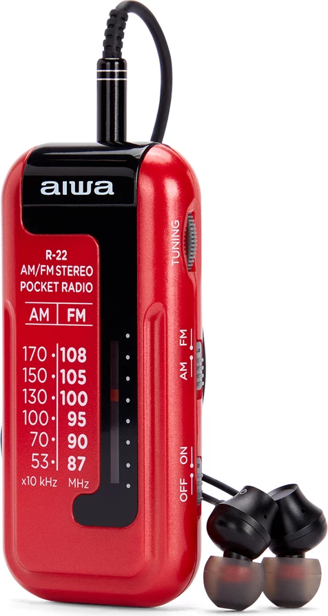Radio xhepi AM/FM, Aiwa R-22, HyperBASS, tunim analog ETS, me kufje in-ear, e kuqe, set me bateri AAA