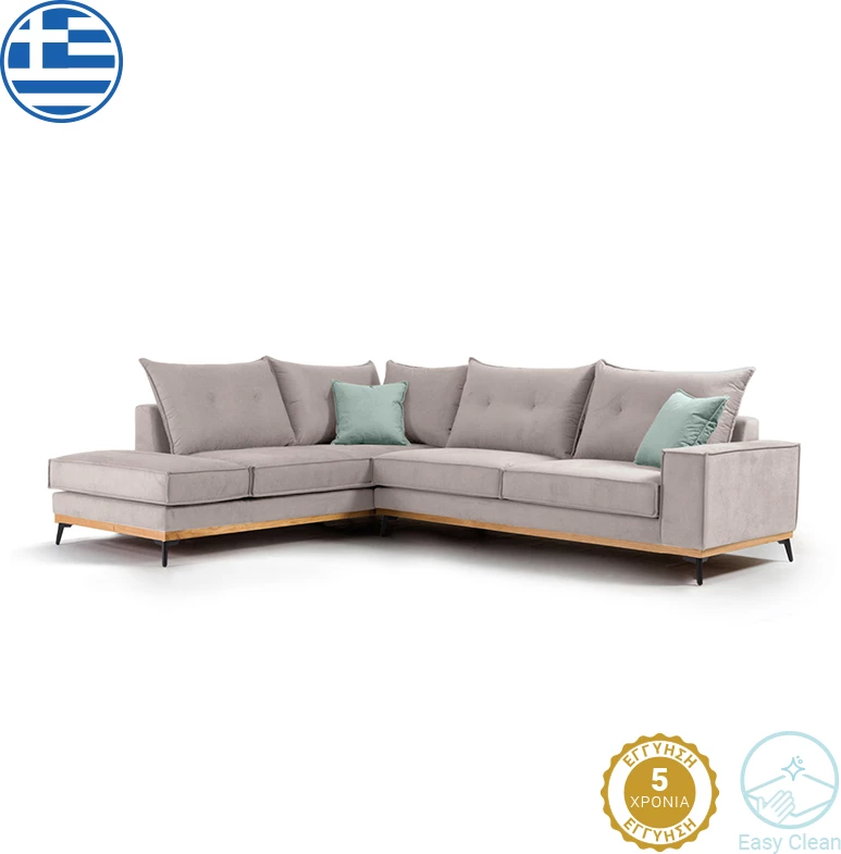 Kënd divani Luxury II, këndi i djathtë, pëlhurë, elefant-ciel, 290x235x95 cm