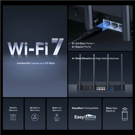 Router Mercusys MR27BE BE3600 Wi‑Fi 7 Dual‑Band, 1x WAN + 3x LAN Gigabit, i zi