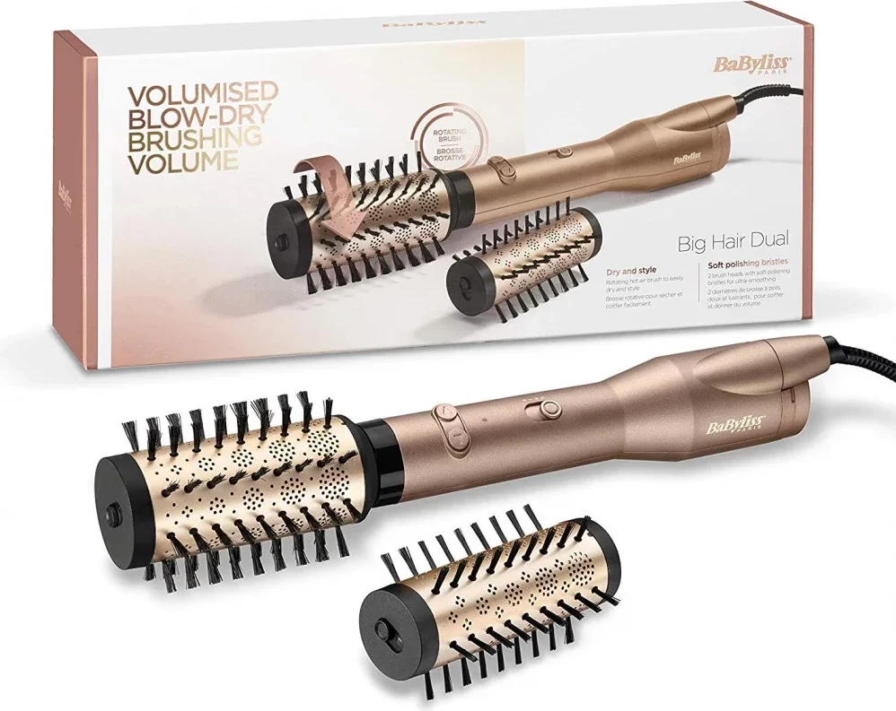 Furçë flokësh me ajër të nxehtë rrotulluese, BaByliss AS952E, 650W, 2 temperatura, jonizim, 2 koka, kabllo 2.5 m, rozë e artë
