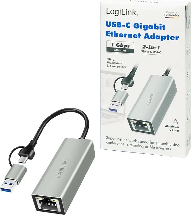 Adapter LogiLink UA0238B USB-C në Gigabit Ethernet + USB-A