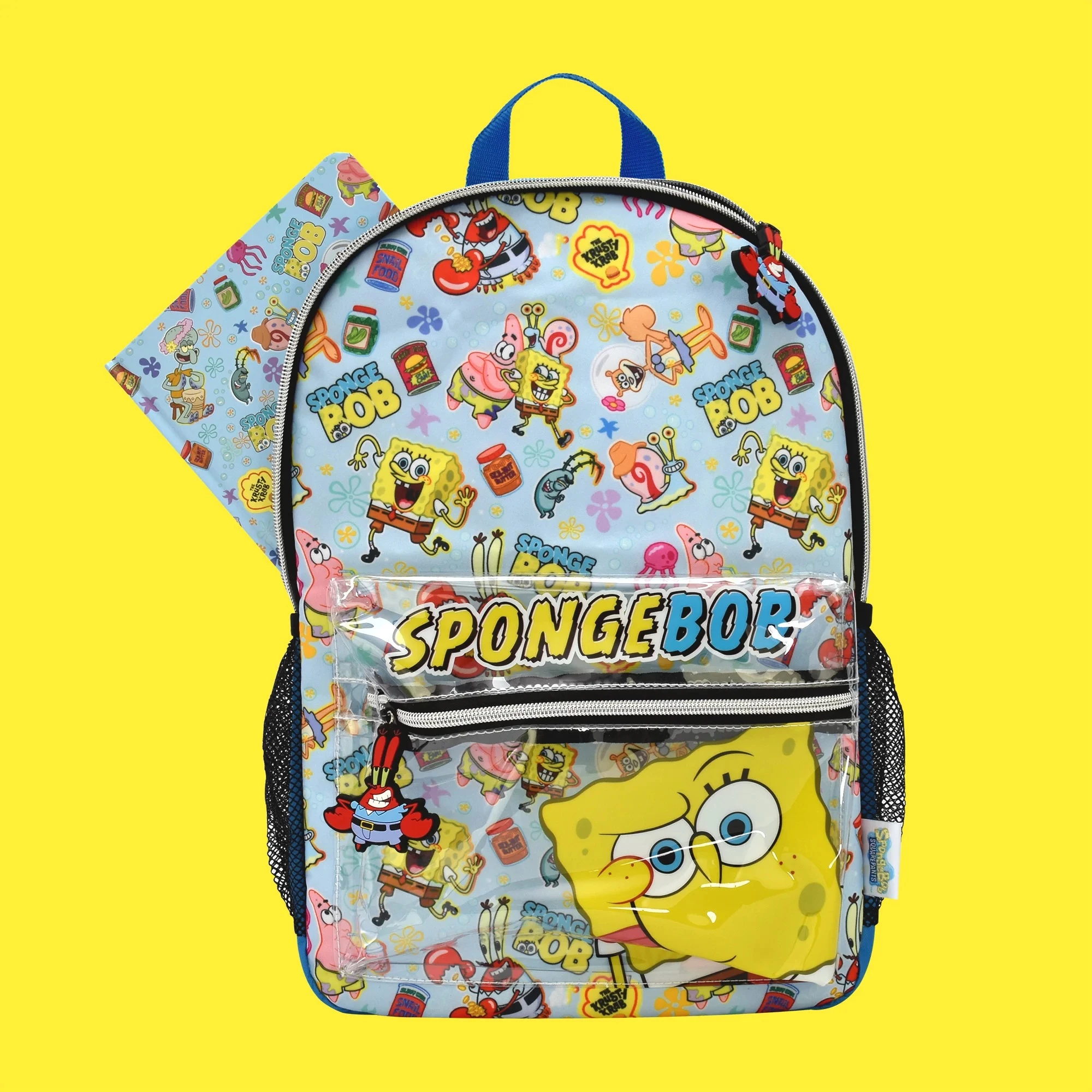 Çantë shpine Blue Sky SpongeBob Core, e madhe, najlon, xhep frontal PVC me zinxhir, xhepa anësorë rrjetë, shumëngjyrëshe