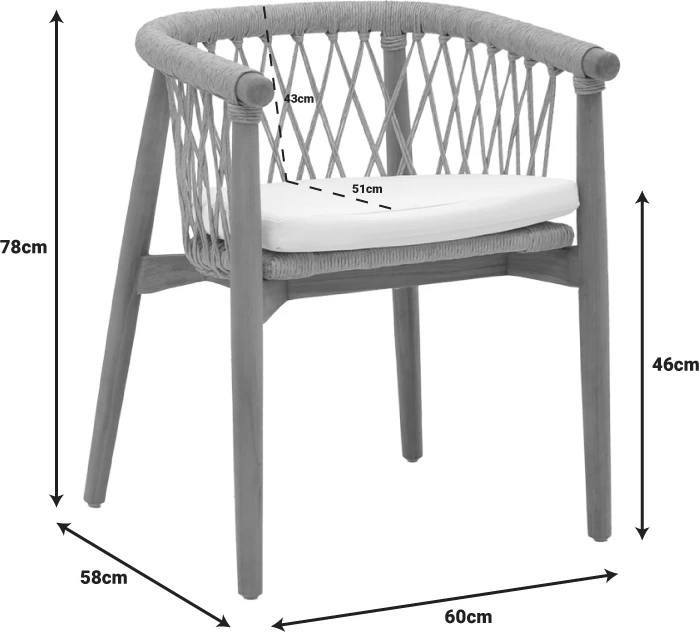 Karrige Abby, skelet druri teak, ngjyrë natyrale dhe jastëk krem, 60x58x78cm