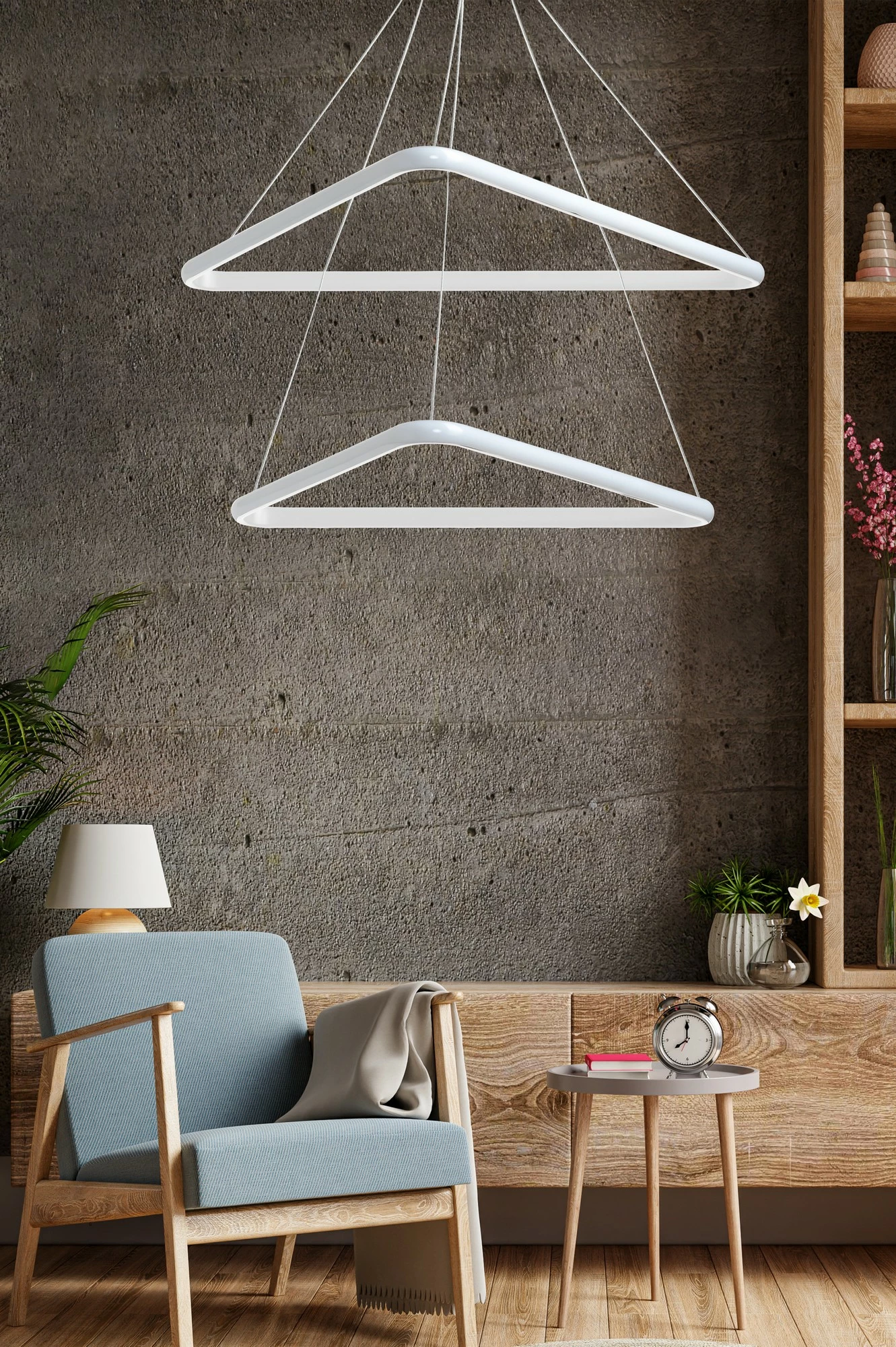 Llambë varëse Opviq, set Duple Triangle, trup i bardhë, dritë e verdhë