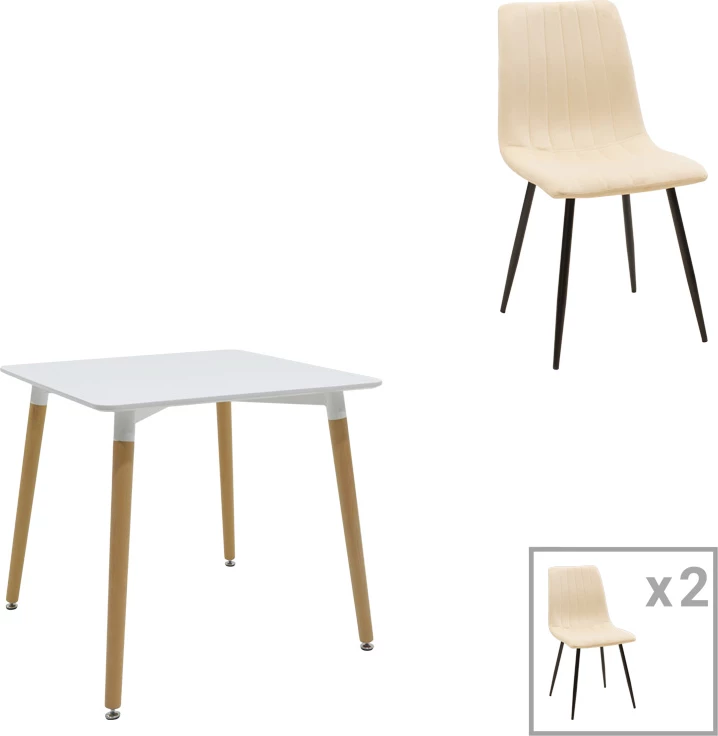 Set tavoline me karrige Natali-Noor, 3 pjesë, MDF e bardhë, këmbë natyrale, 80x80x76cm