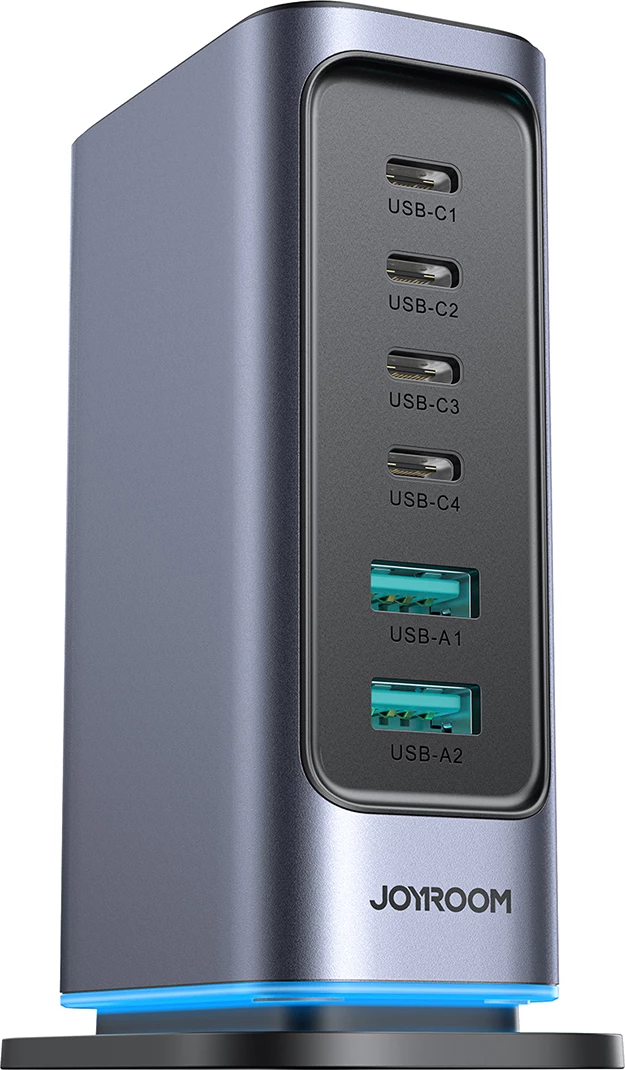 Karikues muri Joyroom JR-TCM02, 65W, 4x USB-C, 2x USB-A, GaN, Gri e errët