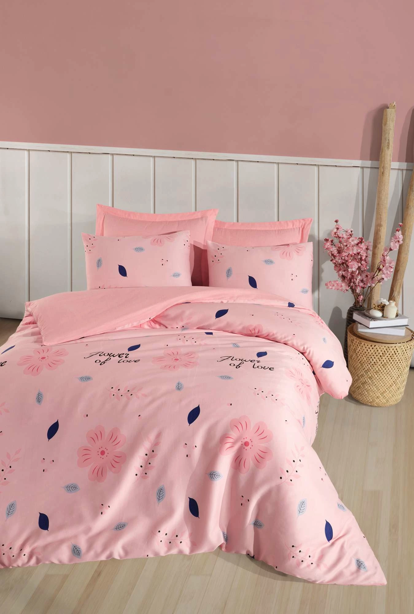 Set mbulesë për jorgan dopio, Satin, FlowerofLove, ngjyrë pluhur