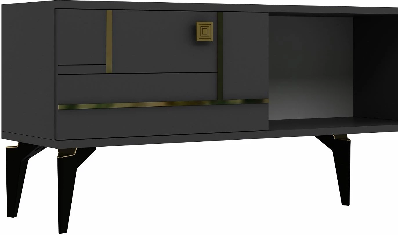 Komodë TV Skye Decor, ngjyrë antracit, detaje ari