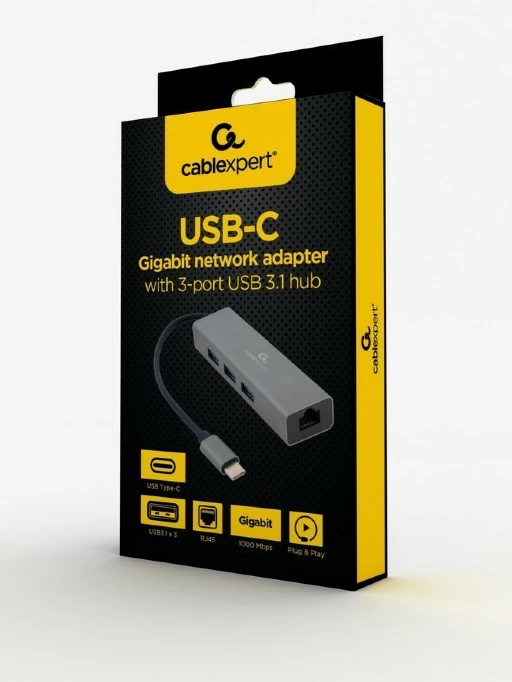 USB hub Gembird A-CMU3-LAN-01 me 3 porta USB 3.1 dhe kartë rrjeti, zi/gri