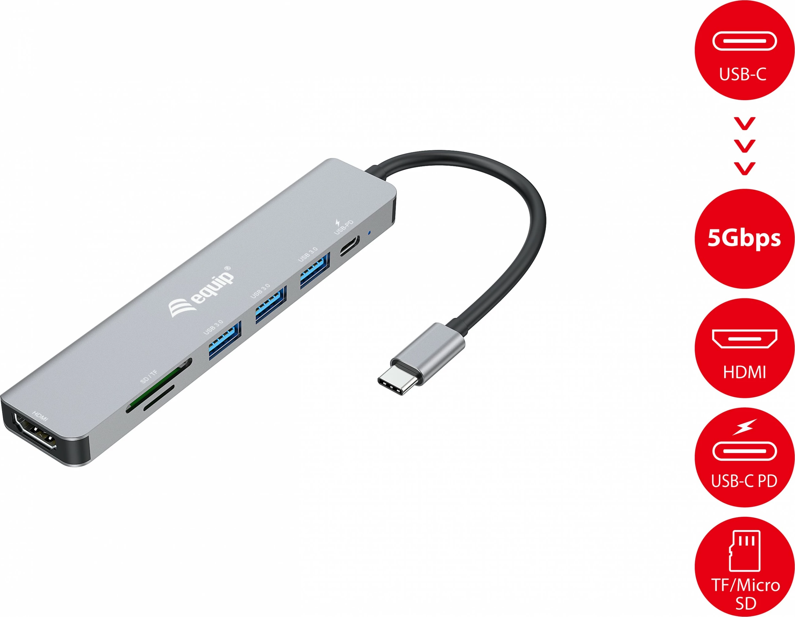 Adapter multifunksional USB-C 7-në-1 Equip 133494, HDMI 4K/60Hz, 3x USB 3.2, SD/MicroSD, 100W, argjendtë