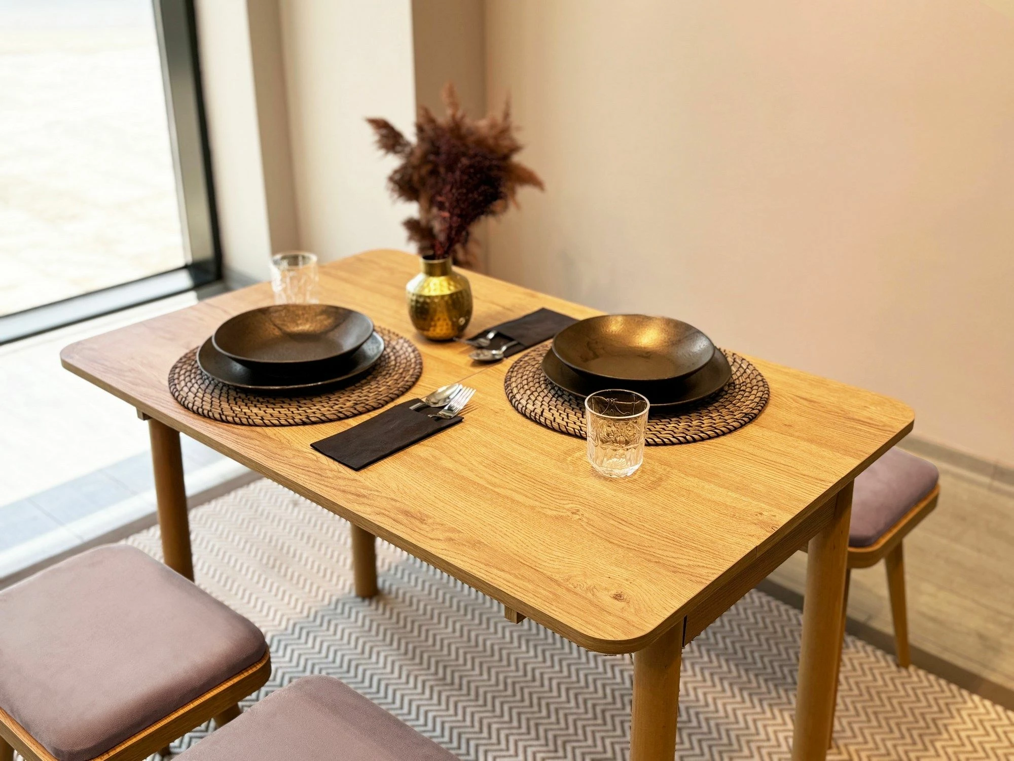 Set tavoline me karrige për ngrënie, zgjatshme, 6 pjesë, Skye Decor, Vina Mini 06 0701, ngjyrë lis, Soho Grey