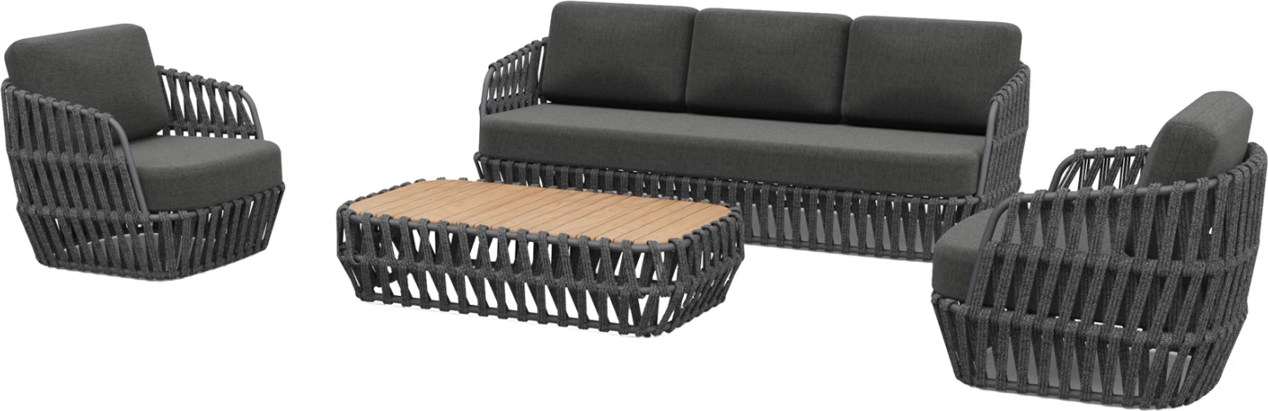 Set lounge për jashtë, 4 pjesë, SABO FH6208.01, alumin, litar P.E., pëlhurë Olefin, dru tik natyral, ngjyrë gri e errët