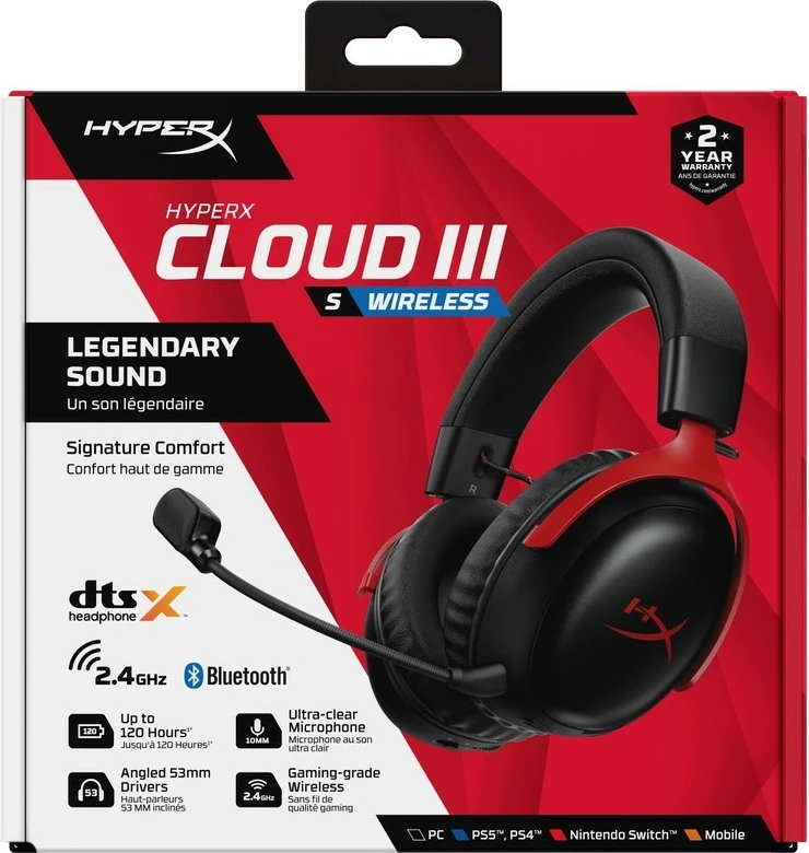 Kufje gaming wireless HyperX Cloud III S A59Z0AA, Bluetooth 5.3 + 2.4 GHz, DTS Headphone:X, bateri deri 120h, e zezë-kuqe