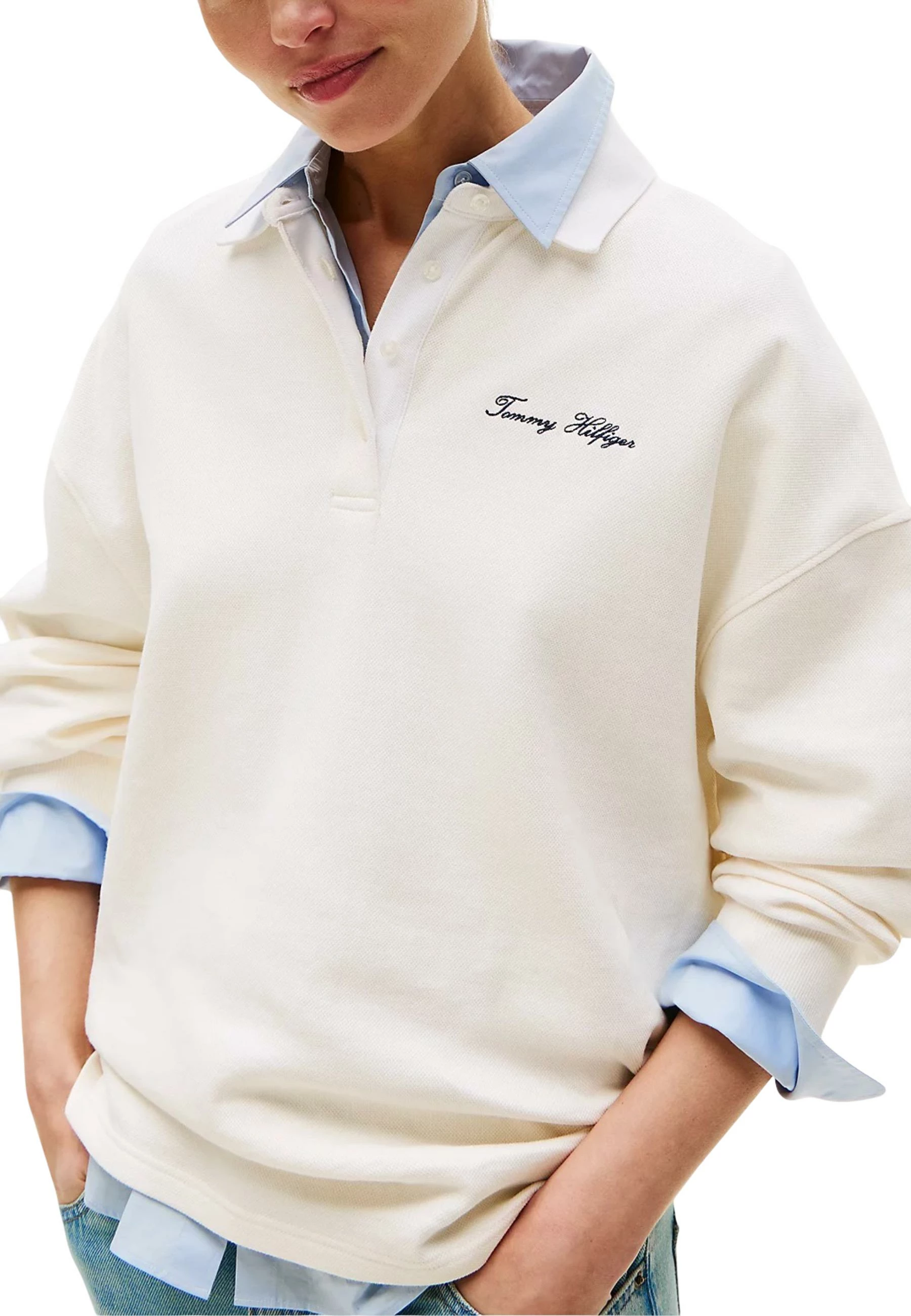 Duks për femra Tommy Hilfiger Script Pique Rugby S WW0WW45779, fildishi [Madhësia: S]
