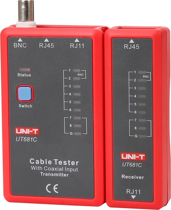 Testues kabllosh UNI-T UT681C RJ45/RJ11/BNC, LED, testim ekranimi, bateri 9V, e kuqe-gri set transmetues+marrës