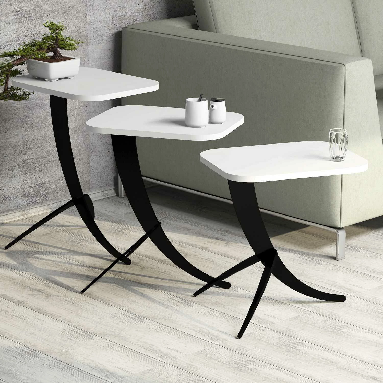 Set tavolinash ndihmëse, 3 copë, Hanah Home, Pion, e bardhë