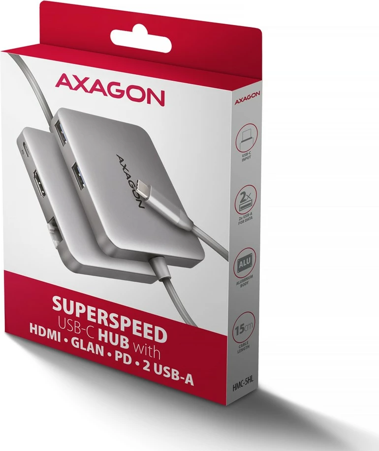 Multiport USB-C hub AXAGON HMC-5HL, 5 porte, HDMI 4K/60Hz, GLAN, Power Delivery 100W, Gri