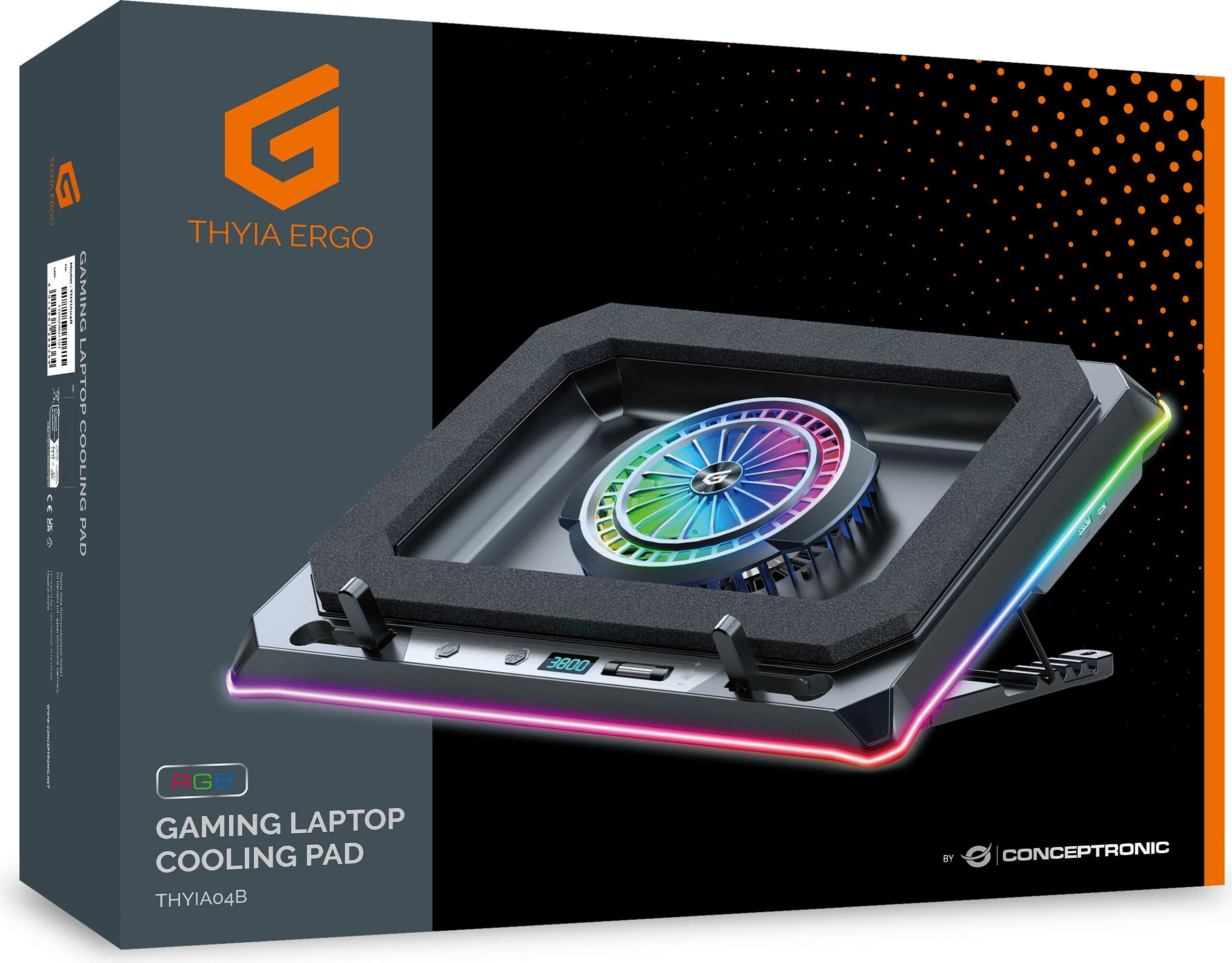 Cooling pad për laptop Conceptronic, USB-C, ventilator 130mm, mbajtës telefoni, me RGB