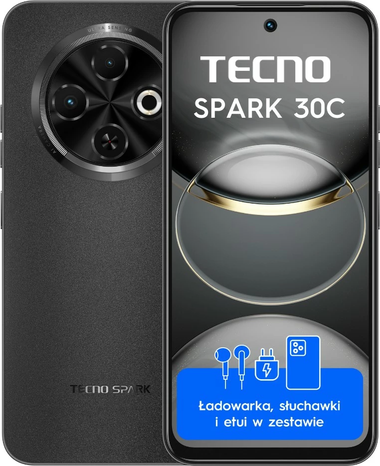 Celular TECNO Spark 30C, 8GB RAM, 256GB, Orbit Black, set me mbështjellës dhe kufje