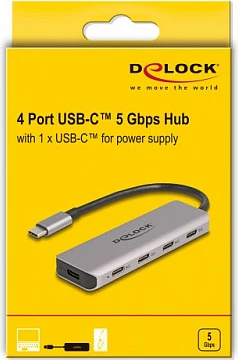 USB-C hub DeLOCK 4-port, 5 Gbps (USB 3.2 Gen 1), me port USB-C për energji, gri