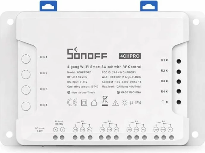 Switch smart Wi‑Fi SONOFF 4CHPROR3, 4-kanalësh, 100-240V, 3500W, RF 433MHz, i bardhë