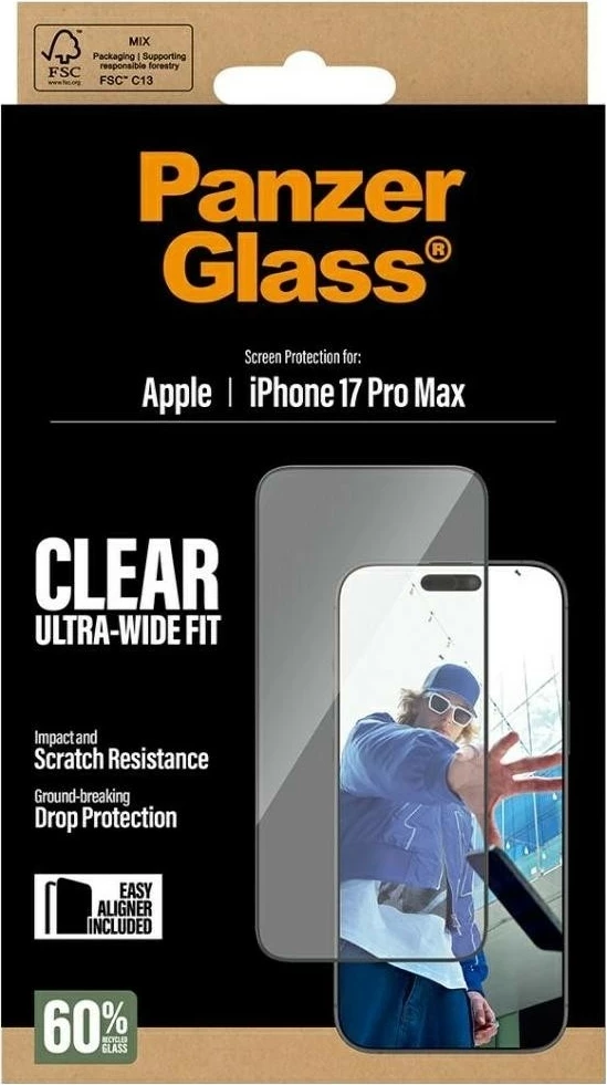Mbështjellës xhami PanzerGlass Ultra-Wide Fit EasyAligner për iPhone 17 Pro Max transparent