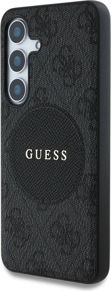Mbështjellës Guess 4G Round Patch Classic Logo MagSafe për Samsung Galaxy S25+, eko-lëkurë/TPU/PC, Black