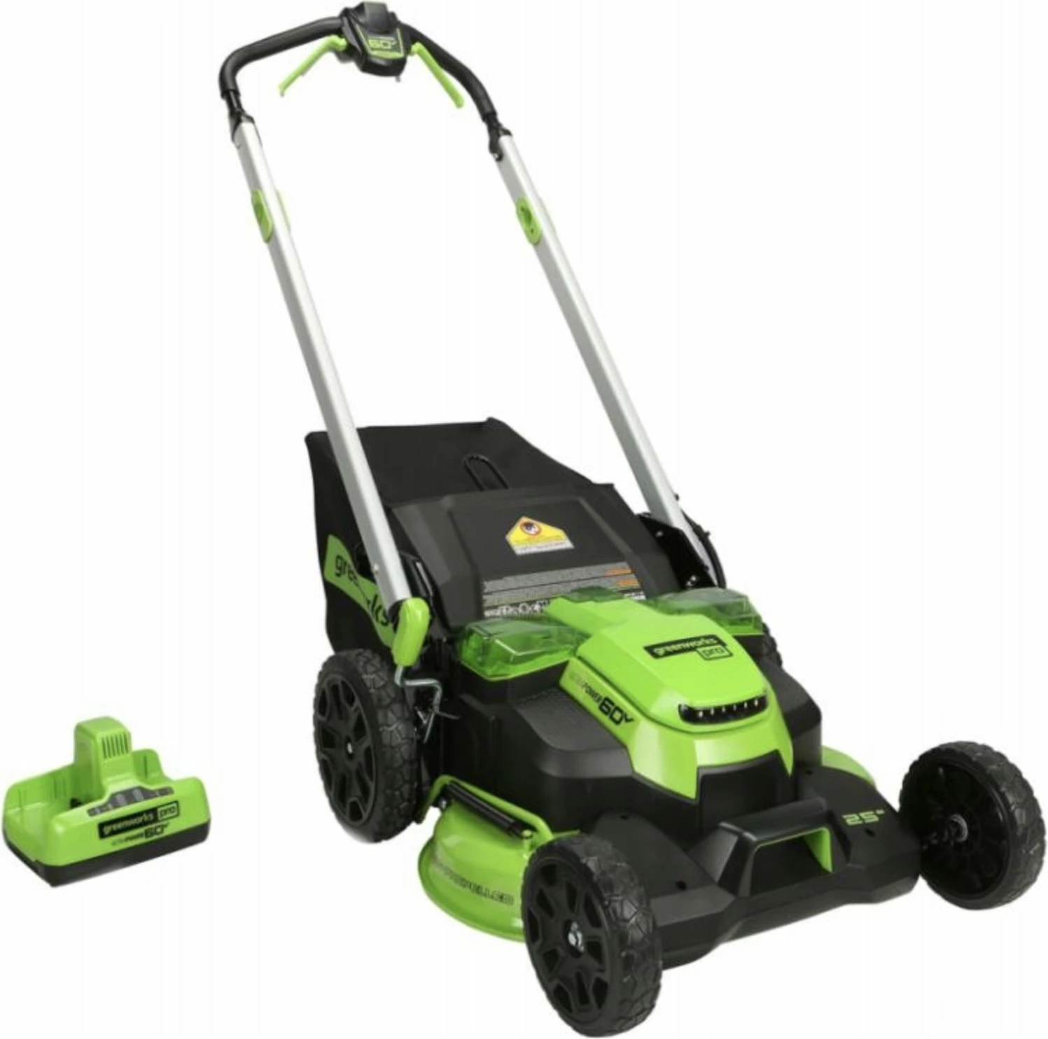 Kositëse bari me bateri Greenworks GD60LM61KX4 60V, 61 cm, dy tehë, vetëlëvizëse, 3-në-1, qese 65 L, LED, jeshile/zezë, set (pa bateri)