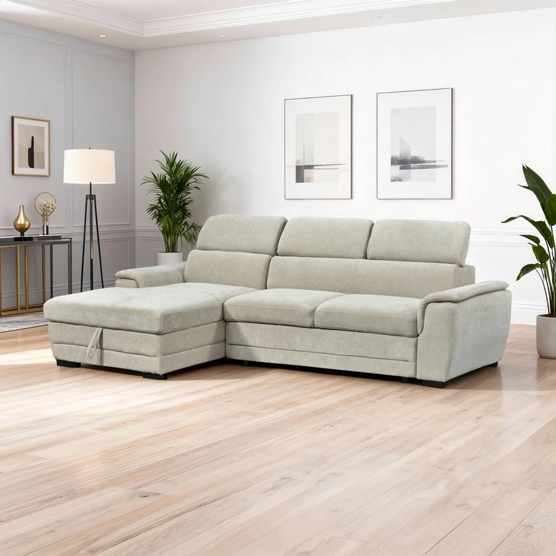 Këndare Dreamora me hapësirë për depo, kënd i djathtë, stof bezhë, 270x167x82cm