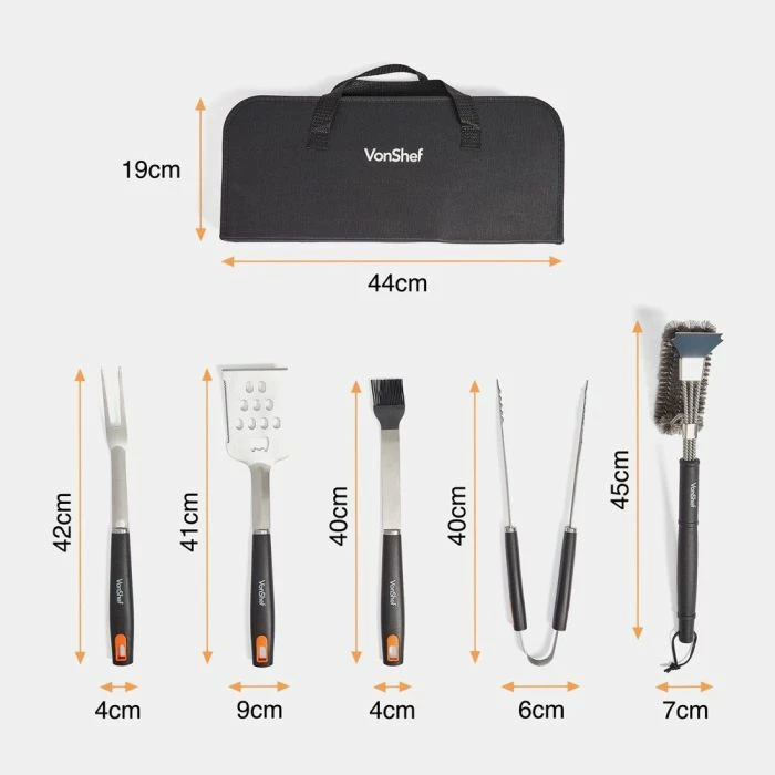 Set veglash për BBQ VonShef 1000384, 5 copë, me çantë ruajtjeje, e zezë