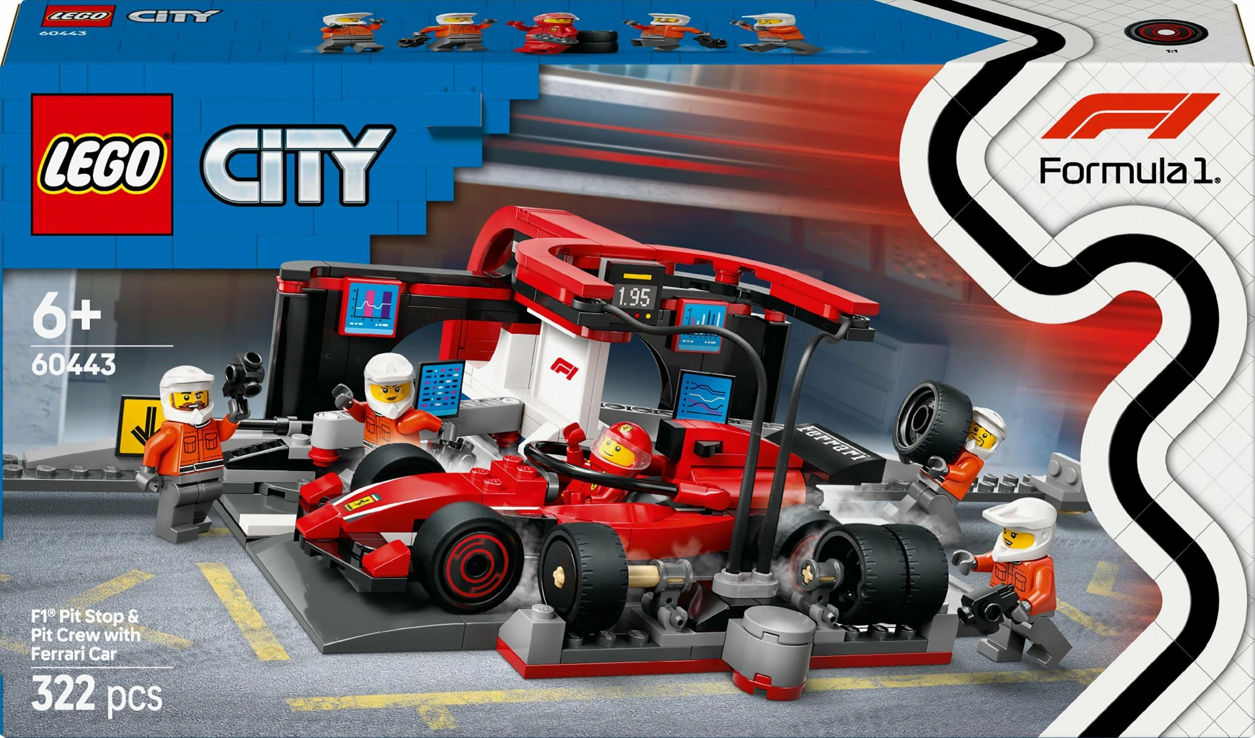 Set ndërtimi LEGO City F1 Pit Stop and Mechanics me Ferrari Car 60443, 322 copë
