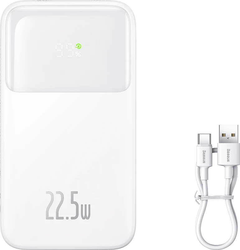 Powerbank Baseus Comet Series PPMD020002, 10000mAh, 22.5W, me ekran, me kabllo USB-C dhe Lightning, e bardhë
