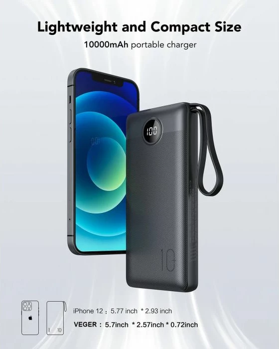Power bank portativ VEGER C10 10000 mAh me kabllo të integrume, i zi