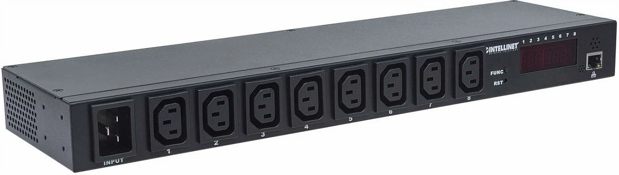 PDU inteligjente Intellinet 19" 8-Port, Rackmount 1U, 8x C13, hyrje C20, monitorim rryme/temperature/lagështi, e zezë