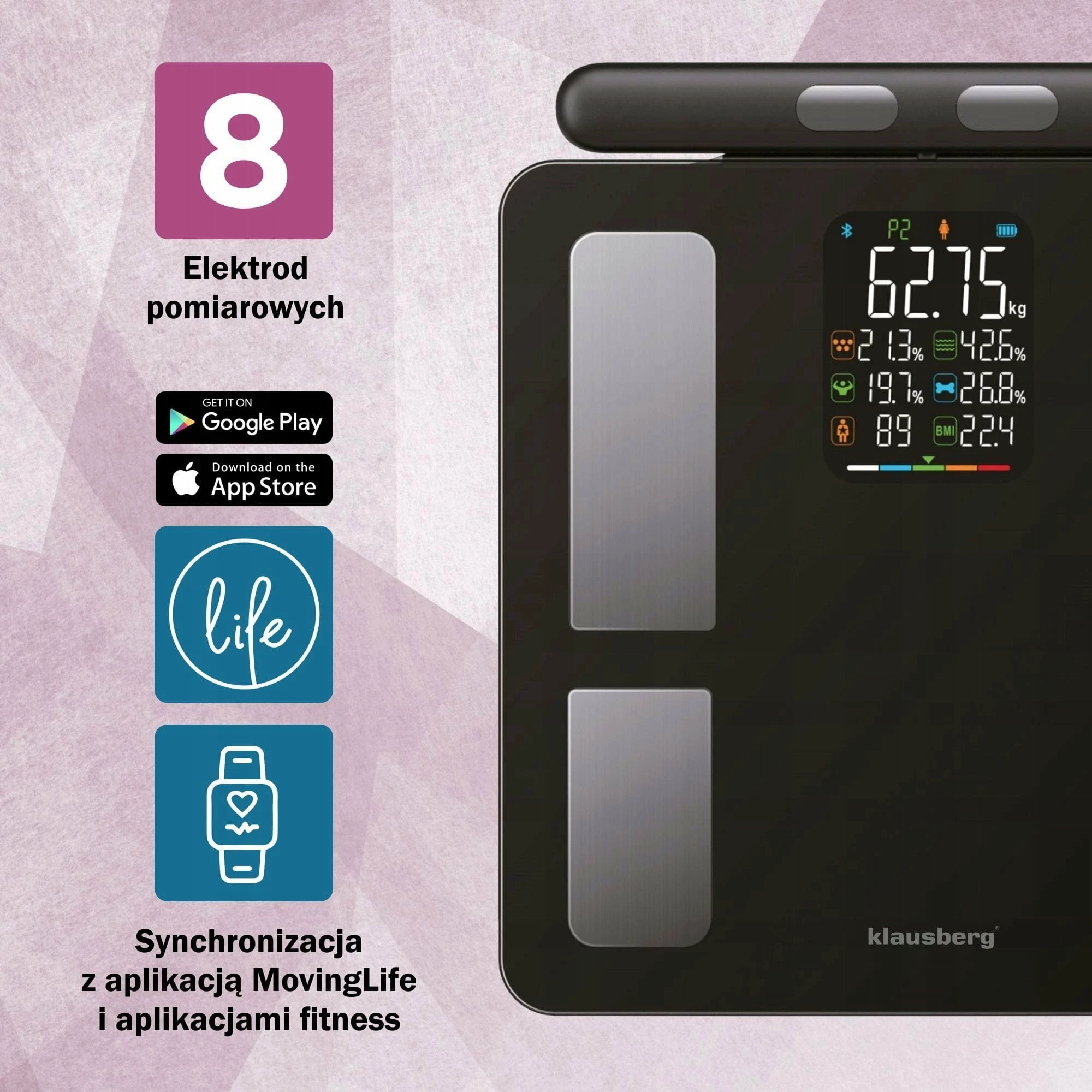 Peshore banjoje elektronike Klausberg KB-7856 180 kg me Bluetooth dhe aplikacion, e zezë