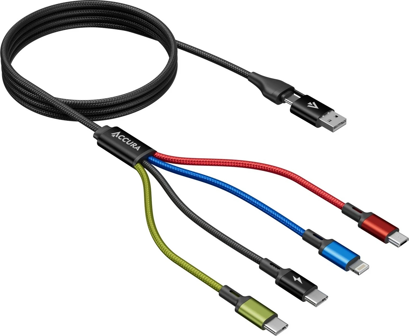 Kabëll multi-funksional Accura 8n1, USB-A/USB-C në 2xUSB-C, Lightning, microUSB, 3.0A, 1.2m, zi