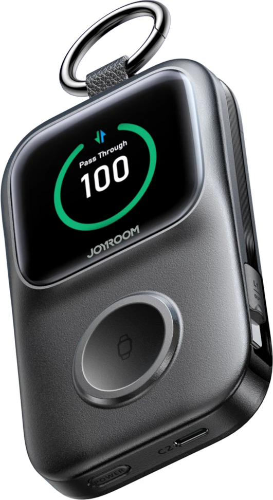 Powerbank Joyroom JR-W19 5000mAh, karikim pa tela 5W për orë, kabllo USB-C/Lightning të integruara, ekran digjital, i zi