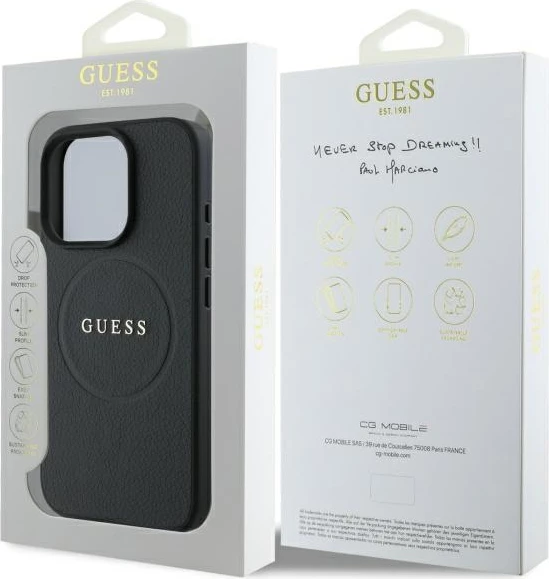 Mbështjellës Guess Grained Gold Ring MagSafe për iPhone 16 Pro Max, i zi