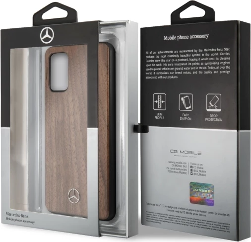 Mbështjellës i fortë Mercedes Wood Line Walnut për Samsung Galaxy S20+, kafe
