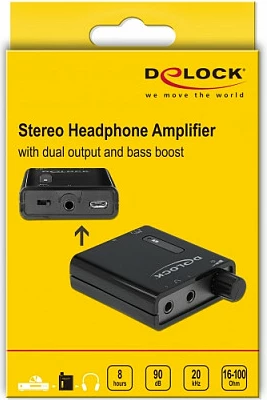 Amplifikator për kufje DeLOCK 64056, 3.5mm, bass boost, bateri 7 orë, i zi