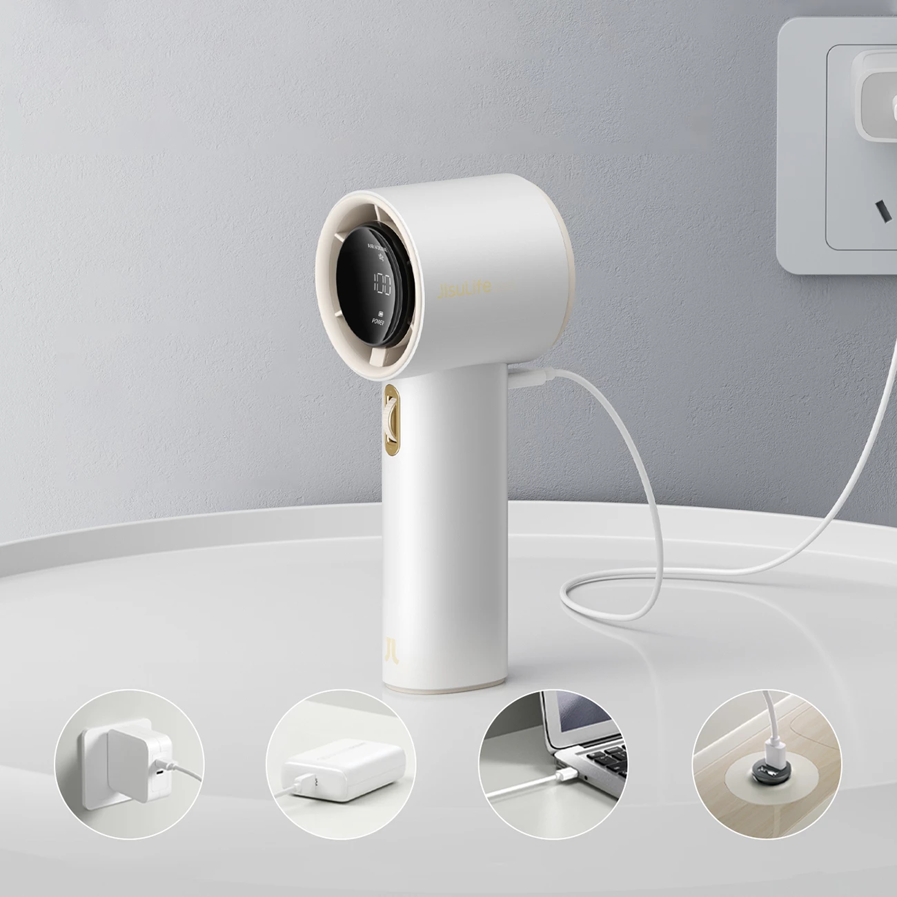 Ventilator dore Jisulife Pro1 FA53, 3600 mAh, ekran LED, USB-C, i bardhë