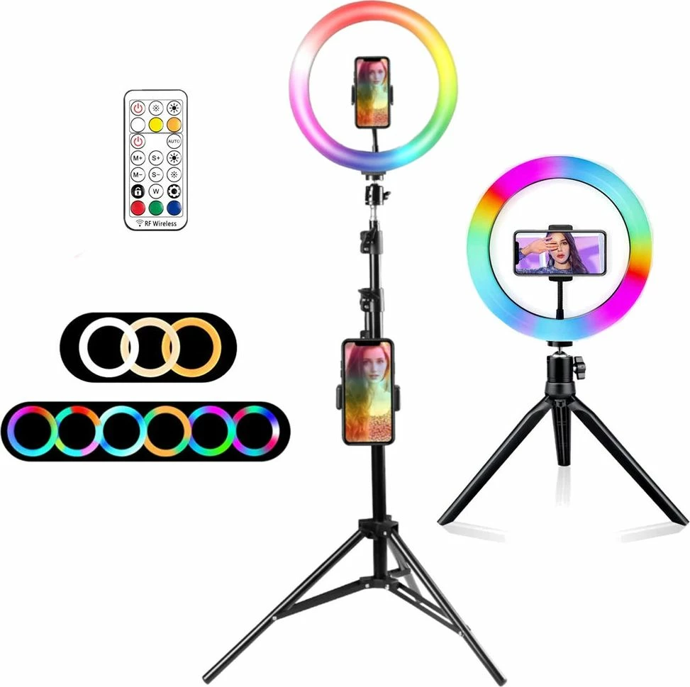 Ring light LED Mozos MLM-RING-RGB 26 cm, RGB, 10W, USB, me tripod dhe mbajtës telefoni, e zezë, set