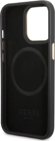 Mbështjellës Guess Peony Logo Plate për iPhone 13/13 Pro 6.1", MagSafe, i zi